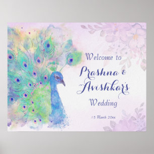 Pastel lilac floral peacock wedding welcome poster