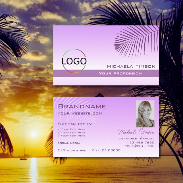 Pastel Lilac Gradient Palm Leaf Logo and Photo Business Card (Creator Uploaded)