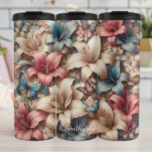 Pastel Lily Butterfly Floral Pattern Thermal Tumbler