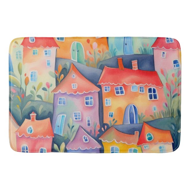 Pastel little houses in soft colour, peaceful colo bath mat (Front)