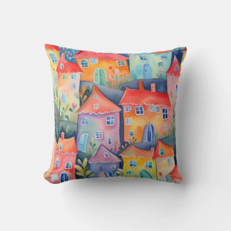 Pastel little houses in soft colour, peaceful colo cushion