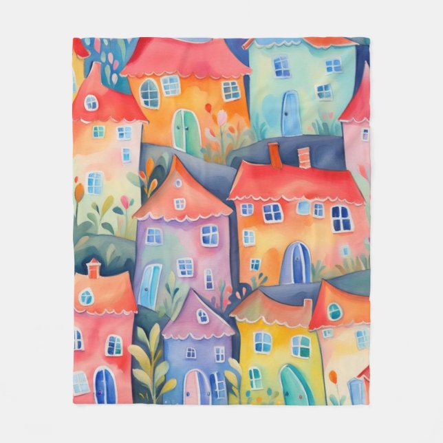 Pastel little houses in soft colour, peaceful colo fleece blanket (Front)