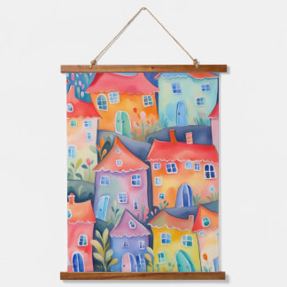 Pastel little houses in soft colour, peaceful colo hanging tapestry