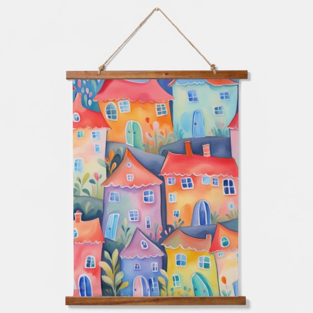 Pastel little houses in soft colour, peaceful colo hanging tapestry (Front)