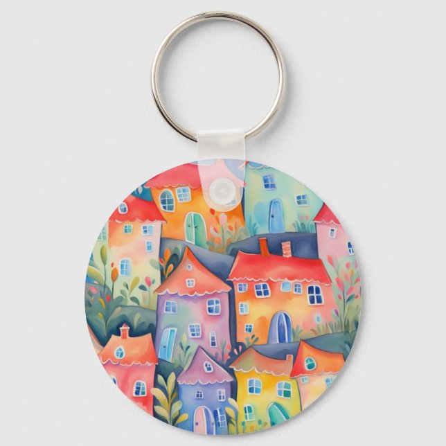Pastel little houses in soft colour, peaceful colo key ring (Front)