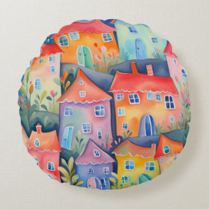 Pastel little houses in soft colour, peaceful colo round cushion