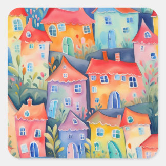 Pastel little houses in soft colour, peaceful colo square sticker