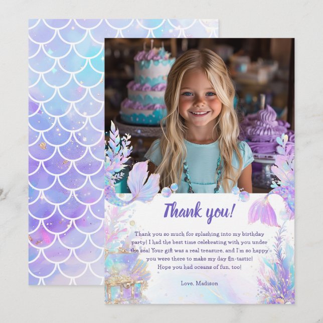 Pastel Little Mermaid Birthday Thank You Card (Front/Back)