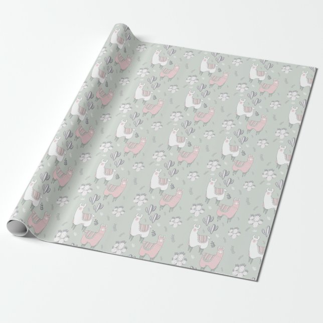 Pastel Llama Pattern Wrapping Paper (Unrolled)