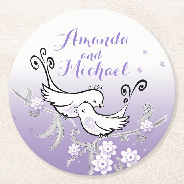 Pastel love birds custom wedding coaster (Front)