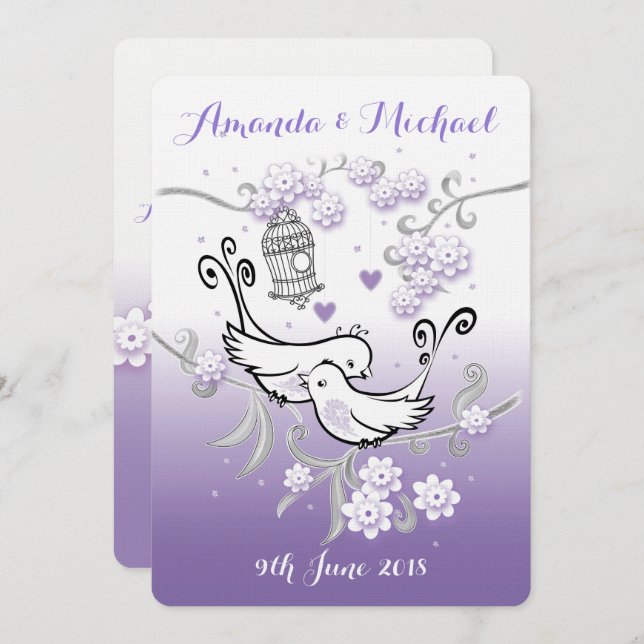 Pastel love birds personalised wedding invite (Front/Back)