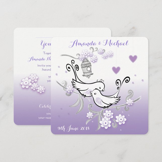 Pastel love birds personalised wedding invite (Front/Back)