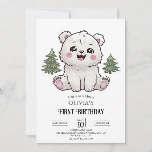 Pastel Lovely Polar Bear 1st Birthday Digital Invitation