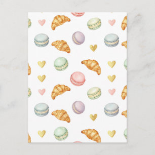 Pastel Macarons and Croissants Seamless Pattern Postcard