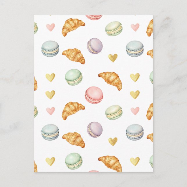 Pastel Macarons and Croissants Seamless Pattern Postcard (Front)