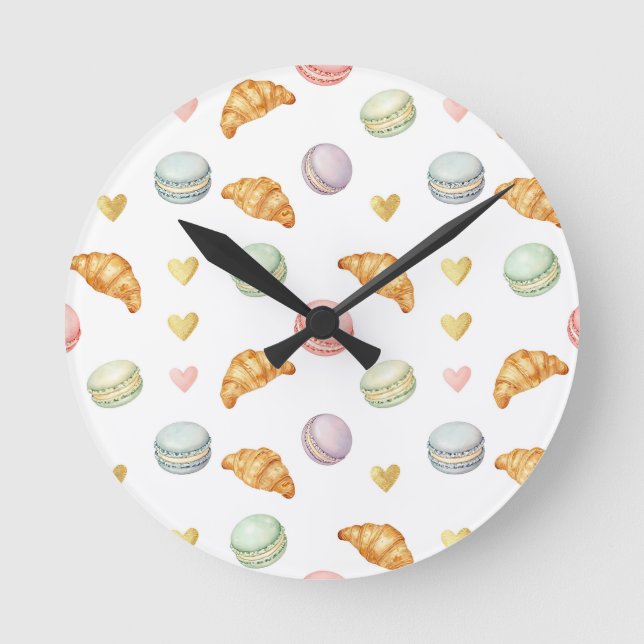 Pastel Macarons and Croissants Seamless Pattern Round Clock (Front)