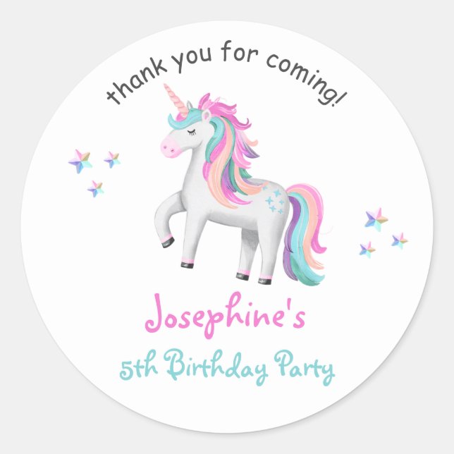 Pastel Magical Unicorn Kids Birthday Classic Round Sticker (Front)