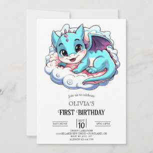 Pastel Majestic Digital Dragon 1st Birthday Invitation