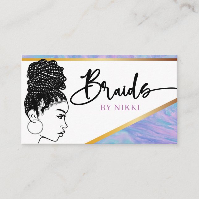 Pastel Marble and Gold Modern Hair Braiding Salon  Business Card (Front)