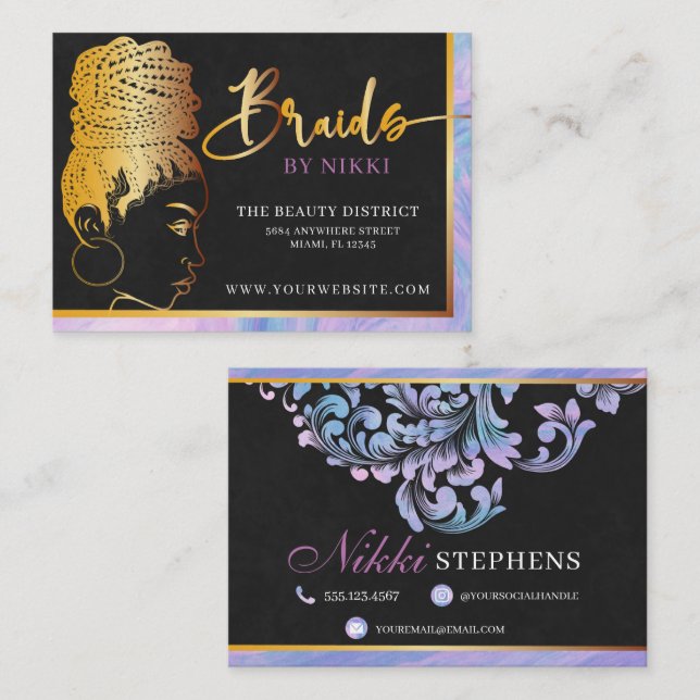 Pastel Marble and Gold Modern Hair Braiding Salon  Business Card (Front/Back)