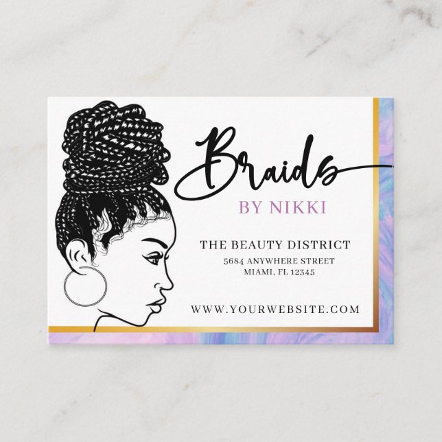 Pastel Marble and Gold Modern Hair Braiding Salon  Business Card (Front)