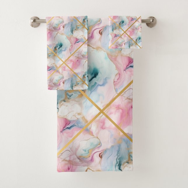 PASTEL MARBLE GOLD GRID DESIGN BATH TOWEL SET (Insitu)