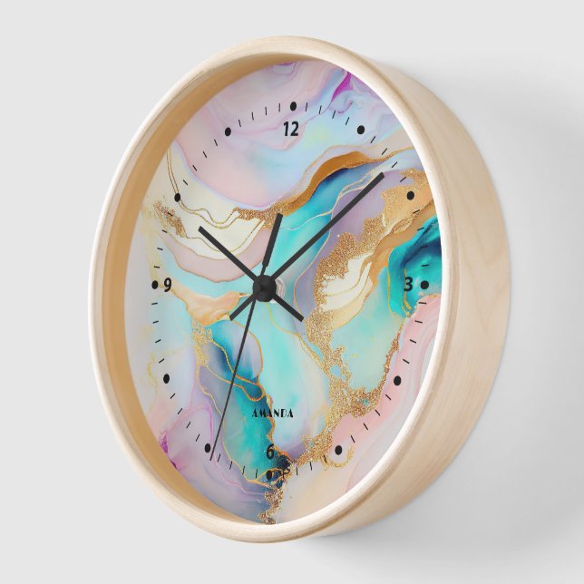 Pastel marble ink abstract glitter art clock (Angle)