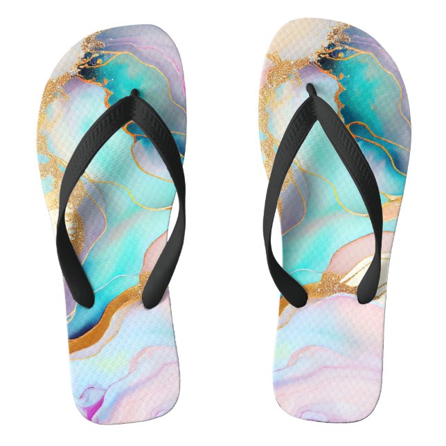 Pastel marble ink abstract glitter art flip flops (Footbed)