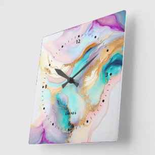 Pastel marble ink abstract glitter art square wall clock