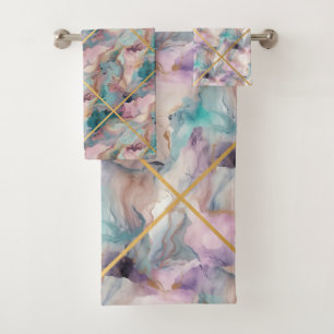 PASTEL MARBLE PURPLE GRID DESIGN BATH TOWEL SET