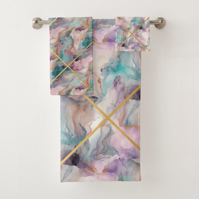 PASTEL MARBLE PURPLE GRID DESIGN BATH TOWEL SET (Insitu)