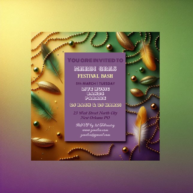 Pastel Mardi Gras Festival Bash Feather Beads Gold Invitation (Pastel Mardi Gras Festival Bash Feather Beads Gold Invitation)