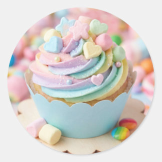 Pastel Marshmallow Rainbow Cupcake Birthday Classic Round Sticker