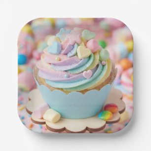 Pastel Marshmallow Rainbow Cupcake Birthday Paper Plate