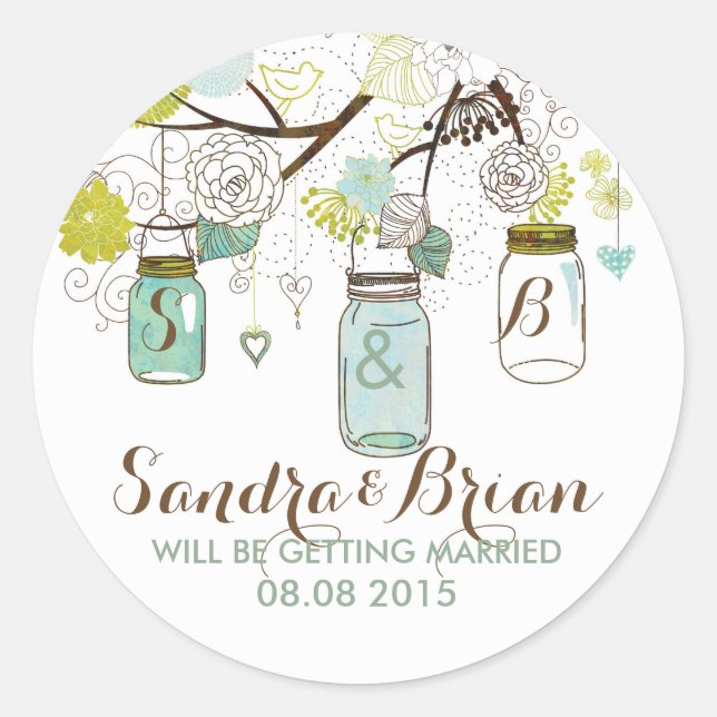 Pastel Mason Jar & Retro Flowers Wedding Sticker (Front)