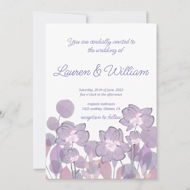 Pastel mauve purple blush floral wedding  invitation (Front)