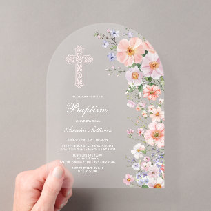 Pastel Meadow Flowers Arch Baptism Acrylic Invitations
