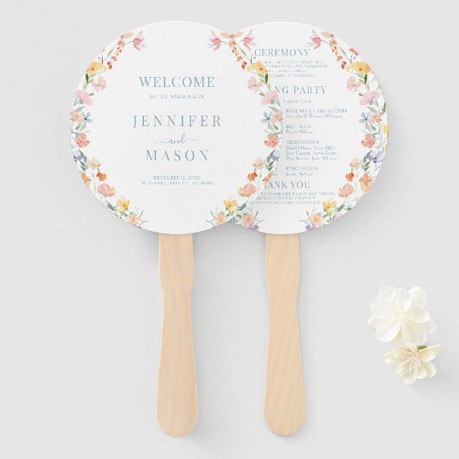 Pastel Meadow Flowers Wildflowers Wedding Program Hand Fan (Front and Back)
