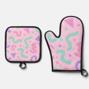 Pastel Memphis Squiggle Geometric Playful Retro Oven Mitt & Pot Holder Set
