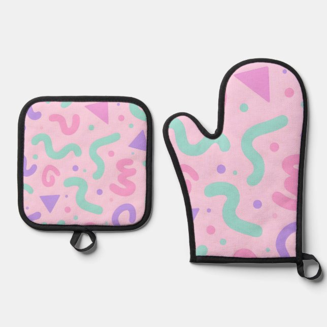 Pastel Memphis Squiggle Geometric Playful Retro  Oven Mitt & Pot Holder Set (Front)