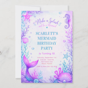 Pastel Mermaid Birthday Invitation Purple