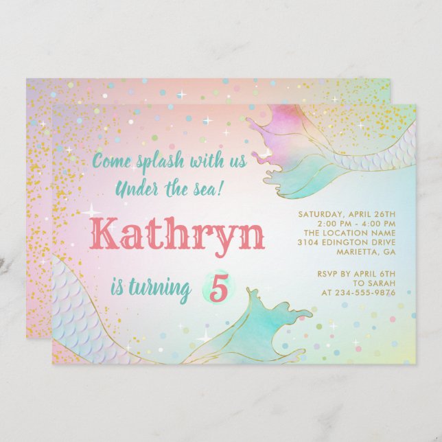 Pastel Mermaid Birthday Invitation Under The Sea (Front/Back)
