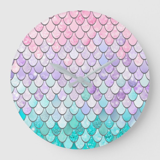 Pastel Mermaid Girls Bedroom Nursery Wall Clock (Front)
