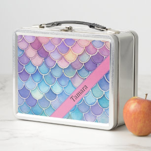 Pastel Mermaid Scale Pattern Personalised Name  Metal Lunch Box