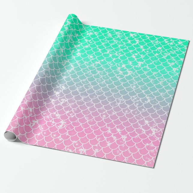 Pastel Mermaid Scales Pink Green Ombre Wrapping Paper (Unrolled)