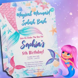 Pastel Mermaid Tail Watercolor Birthday Party Invitation