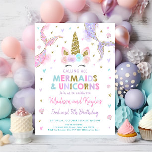 Pastel Mermaids and Unicorns Birthday Invitation