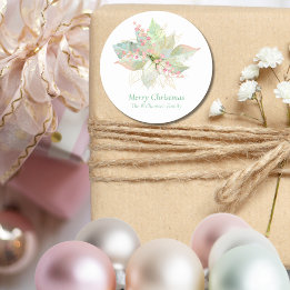 Pastel Merry Christmas Pink Sage Poinsettia Gold Classic Round Sticker
