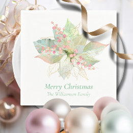 Pastel Merry Christmas Poinsettia Pink Sage Gold Napkin