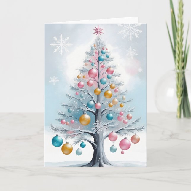 Pastel Minimalist Pine Tree Shiny Ornaments Holiday Card (Front)